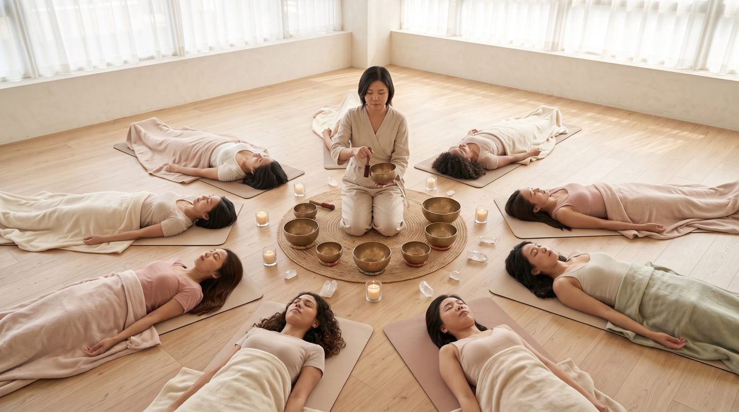 A sound bath circle in session, participants resting around a centre of singing bowls