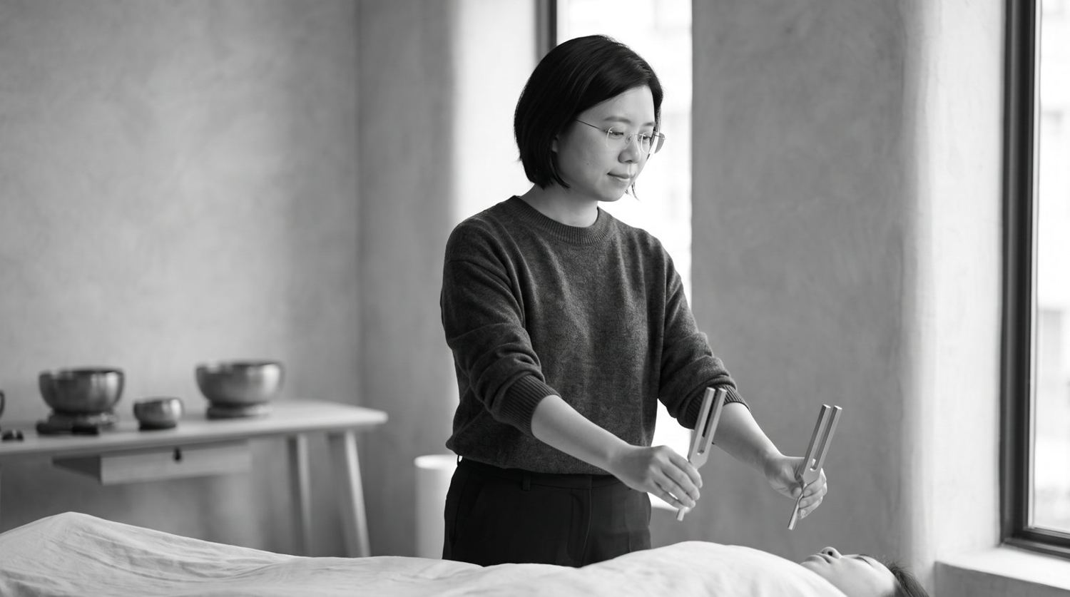 A private sound healing session, tuning forks held over someone resting